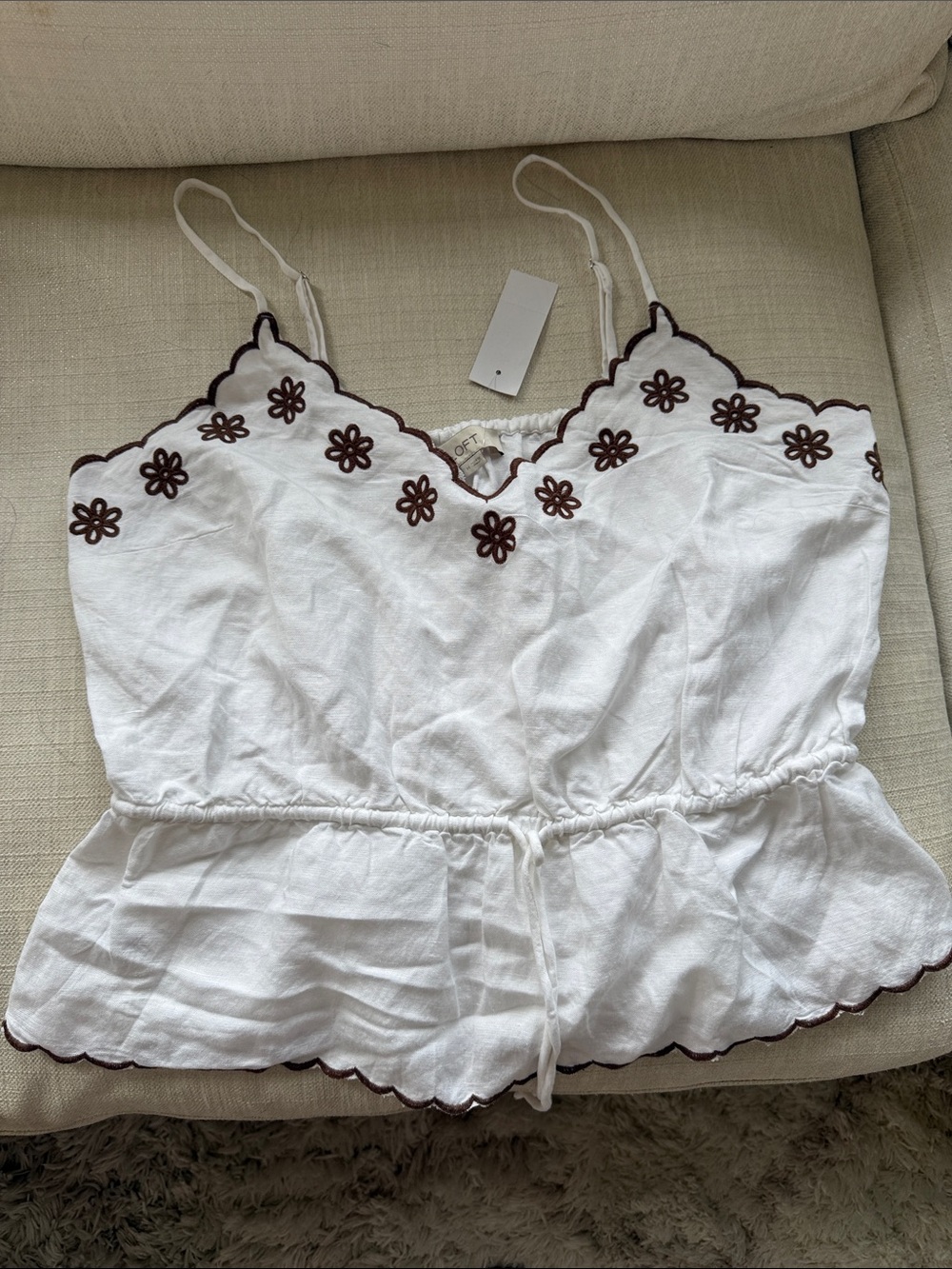 Loft White Floral-Trim Drawstring Camisole